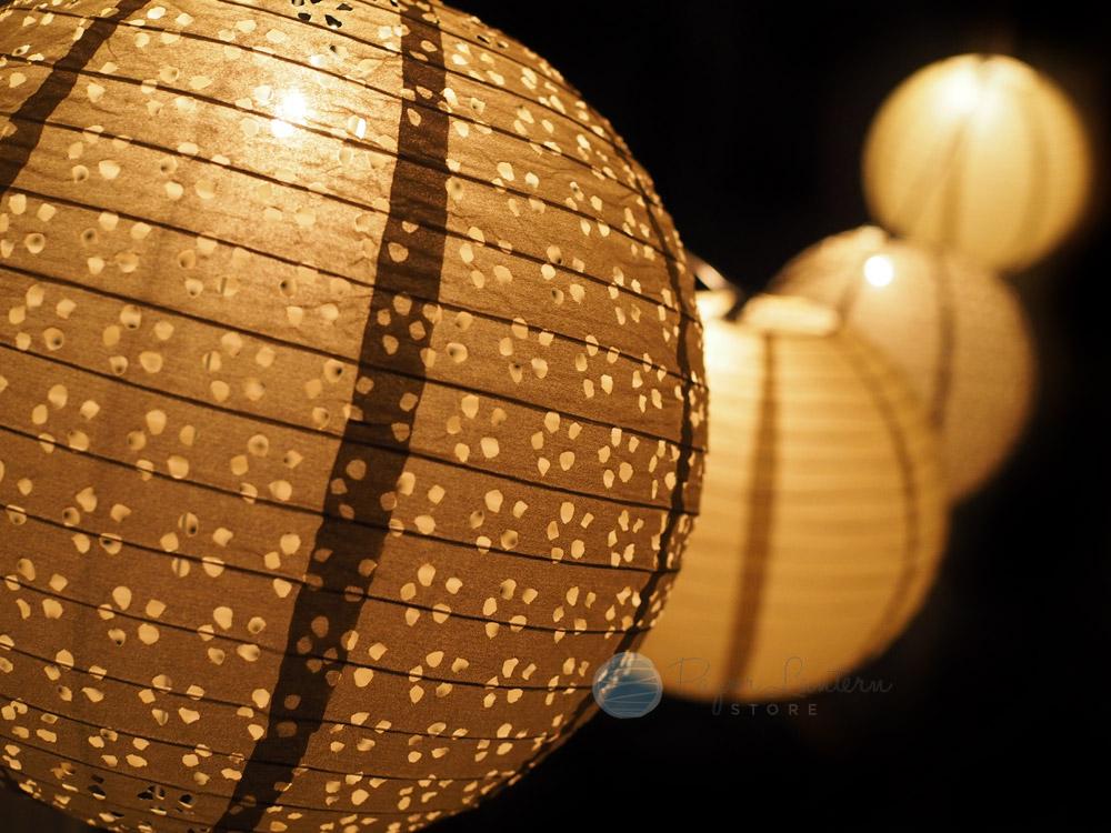 8" Wedding Gold Eyelet Paper Lantern String Light COMBO Kit (12 FT, EXPANDABLE, White Cord) - AsianImportStore.com - B2B Wholesale Lighting and Decor