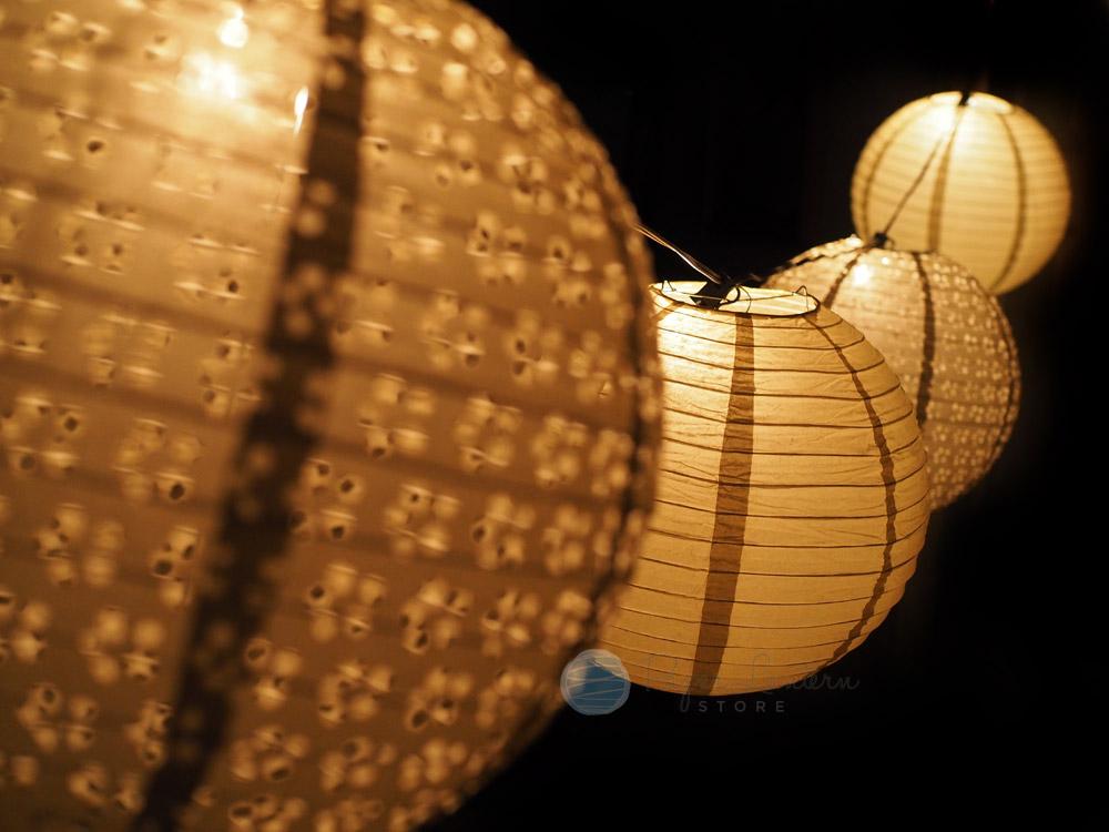8" Wedding Gold Eyelet Paper Lantern String Light COMBO Kit (12 FT, EXPANDABLE, White Cord) - AsianImportStore.com - B2B Wholesale Lighting and Decor