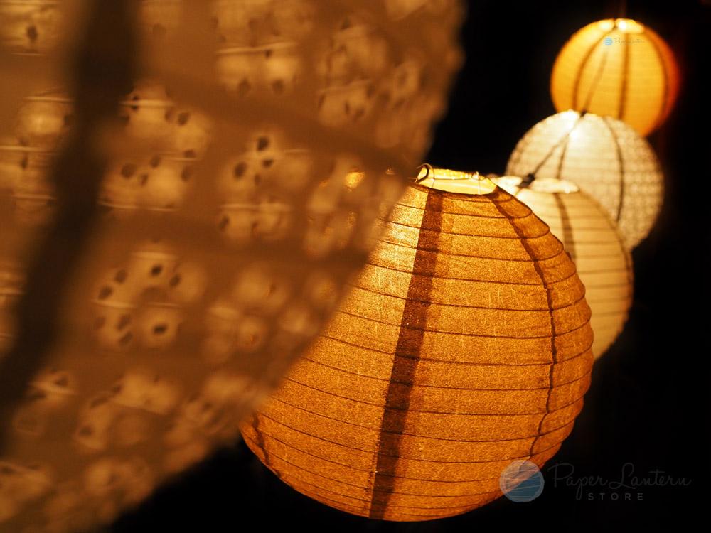 12" Wedding Triple Gold Paper Lantern String Light COMBO Kit (21 FT, EXPANDABLE, White Cord) - AsianImportStore.com - B2B Wholesale Lighting and Decor