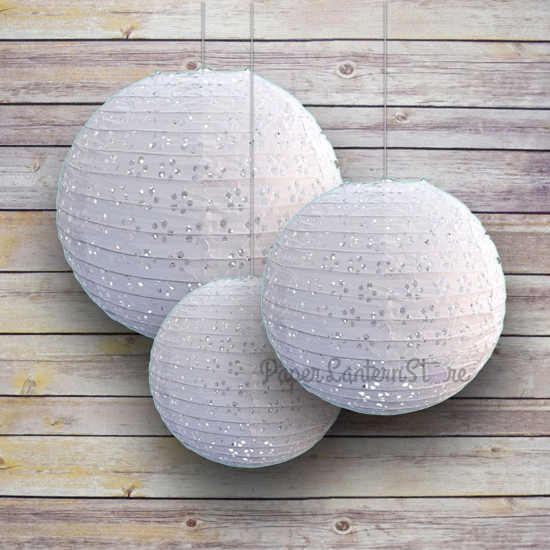 6/8/10" White Eyelet Lace Look Round Paper Lanterns, Even Ribbing (3-Pack Cluster) - AsianImportStore.com - B2B Wholesale Lighting and Decor