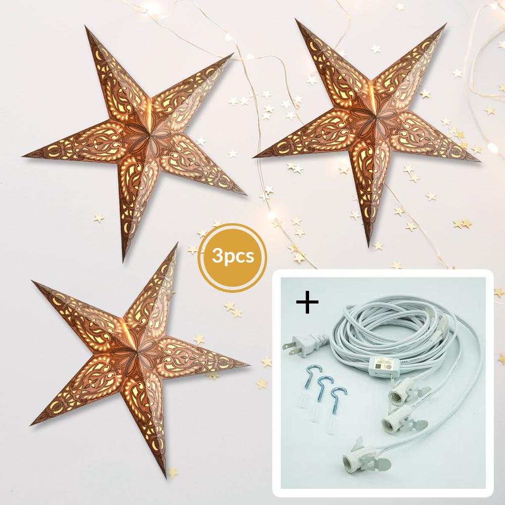 3-PACK + Cord | Gold Alaskan Glitter 24" Illuminated Paper Star Lanterns and Lamp Cord Hanging Decorations - AsianImportStore.com - B2B Wholesale Lighting and Decor