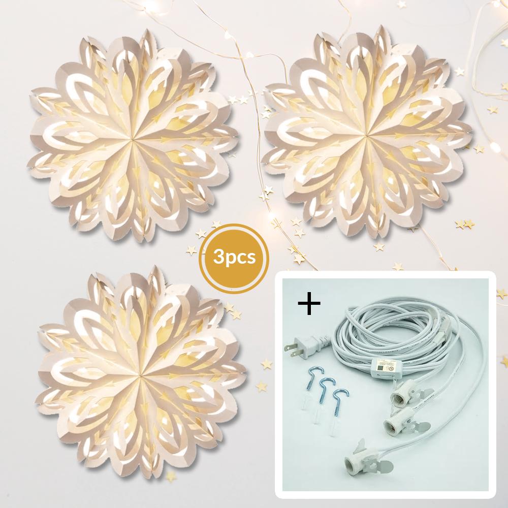 3-PACK + Cord | White Luce 16" Pizzelle Designer Illuminated Paper Star Lanterns and Lamp Cord Hanging Decorations - AsianImportStore.com - B2B Wholesale Lighting and Decor