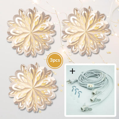 3-PACK + Cord | White Luce 16" Pizzelle Designer Illuminated Paper Star Lanterns and Lamp Cord Hanging Decorations - AsianImportStore.com - B2B Wholesale Lighting and Decor