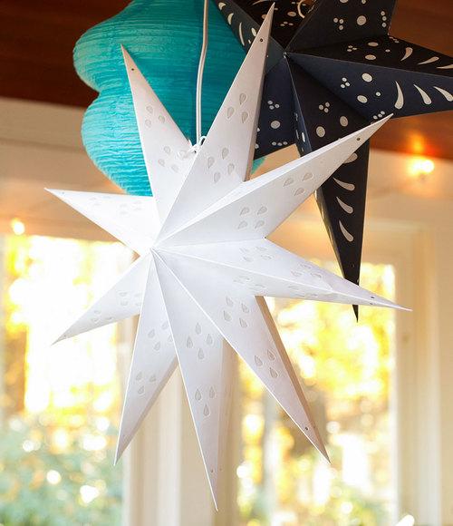 3-PACK + Cord | White Nova 9 Point 20" Illuminated Paper Star Lanterns and Lamp Cord Hanging Decorations - AsianImportStore.com - B2B Wholesale Lighting and Decor