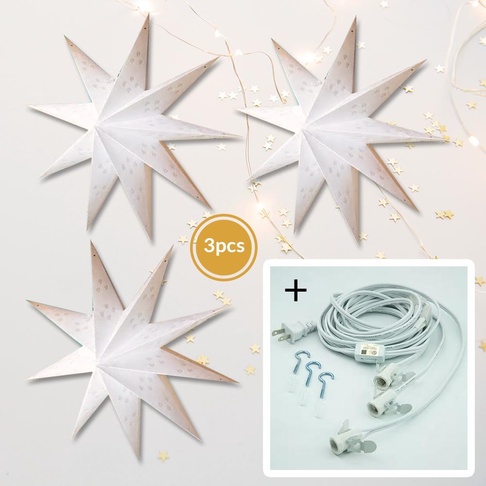3-PACK + Cord | White Nova 9 Point 20" Illuminated Paper Star Lanterns and Lamp Cord Hanging Decorations - AsianImportStore.com - B2B Wholesale Lighting and Decor