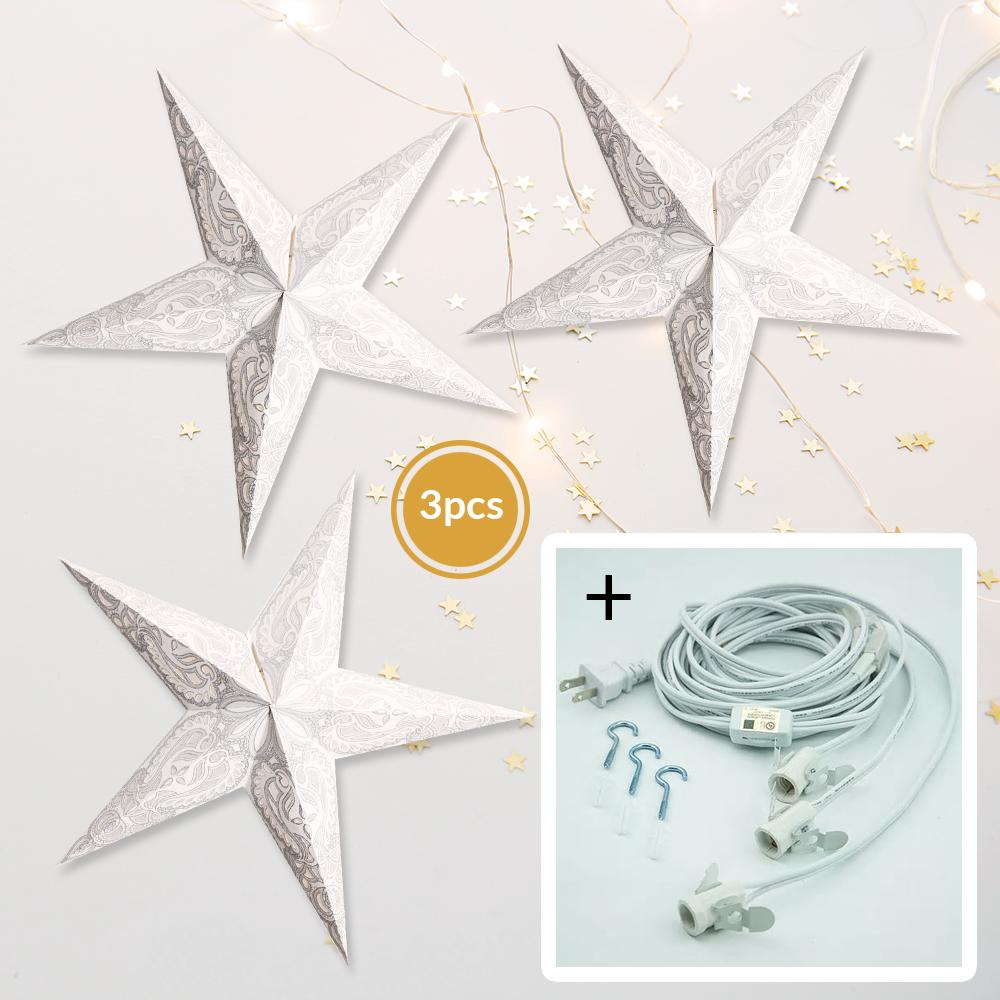  3-PACK + Cord | Silver Alaskan Glitter 24" Illuminated Paper Star Lanterns and Lamp Cord Hanging Decorations - AsianImportStore.com - B2B Wholesale Lighting and Decor