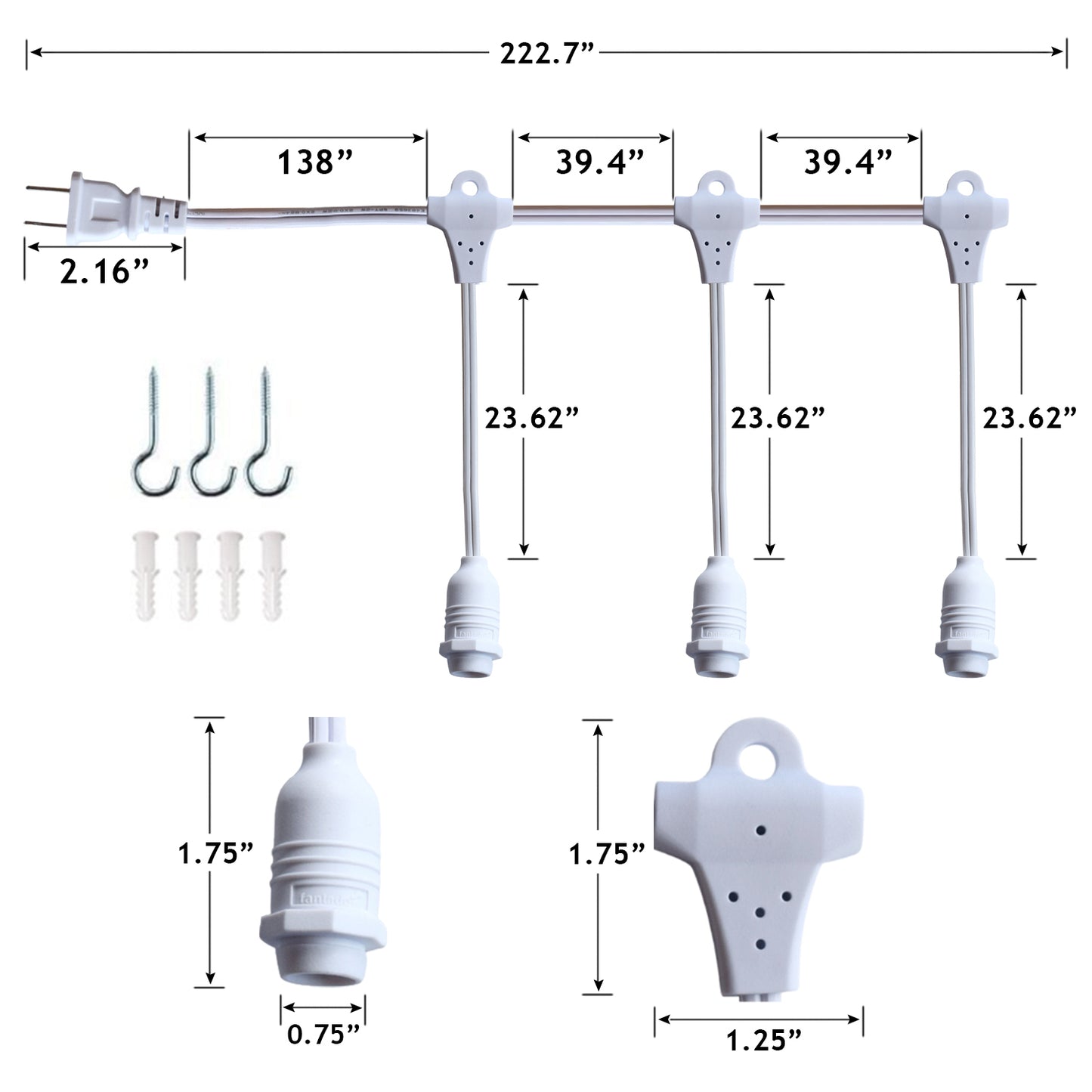 Star Lantern Triple Socket White Weatherproof Outdoor Pendant Light Lamp Cord, E12, 19 Ft - Electrical Swag Light Kit
