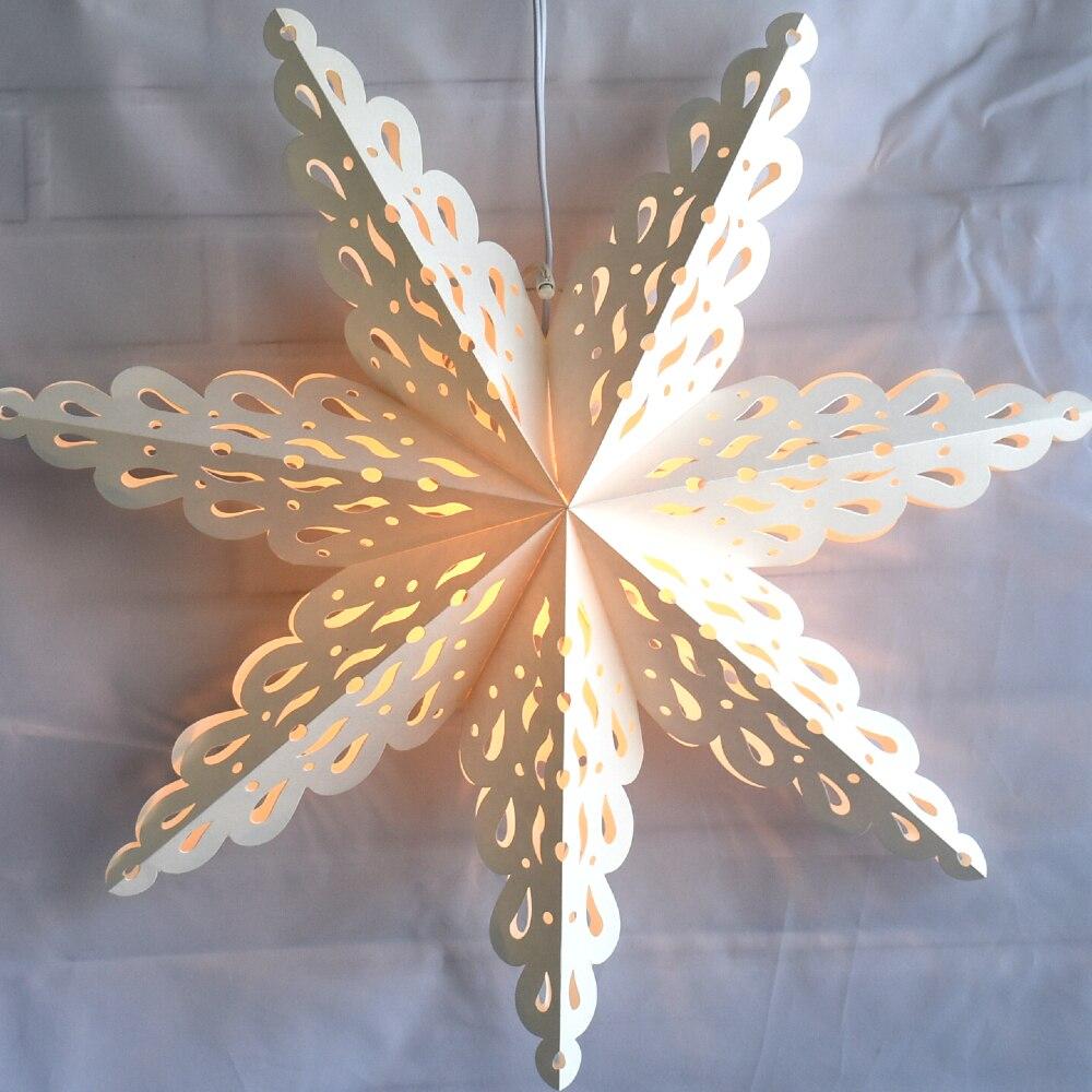 3-PACK + Cord | White Winter Holiday Spirit 24" Pizzelle Designer Illuminated Paper Star Lanterns and Lamp Cord Hanging Decorations - AsianImportStore.com - B2B Wholesale Lighting and Decor
