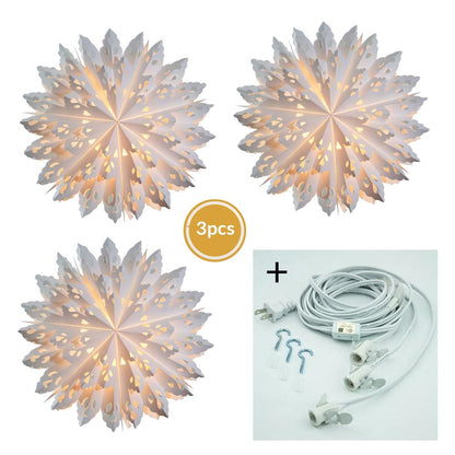 3-PACK + Cord | White Winter Wreath 24" Pizzelle Designer Illuminated Paper Star Lanterns and Lamp Cord Hanging Decorations - AsianImportStore.com - B2B Wholesale Lighting and Decor