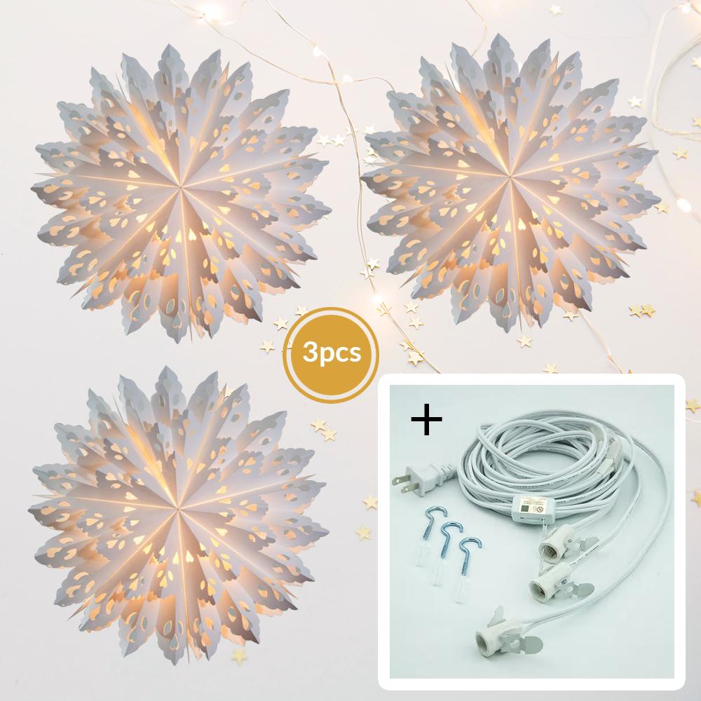 3-PACK + Cord | White Winter Wreath 24" Pizzelle Designer Illuminated Paper Star Lanterns and Lamp Cord Hanging Decorations - AsianImportStore.com - B2B Wholesale Lighting and Decor
