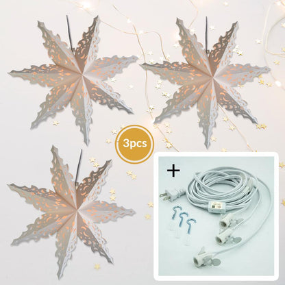 3-PACK + Cord | White Winter North Star 32" Pizzelle Designer Illuminated Paper Star Lanterns and Lamp Cord Hanging Decorations - AsianImportStore.com - B2B Wholesale Lighting and Decor