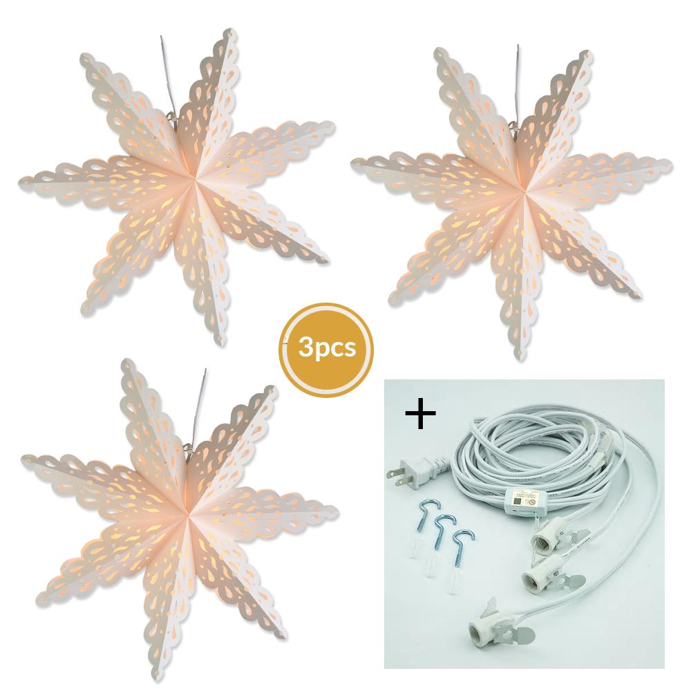 3-PACK + Cord | White Winter Holiday Spirit 32" Pizzelle Designer Illuminated Paper Star Lanterns and Lamp Cord Hanging Decorations - AsianImportStore.com - B2B Wholesale Lighting and Decor