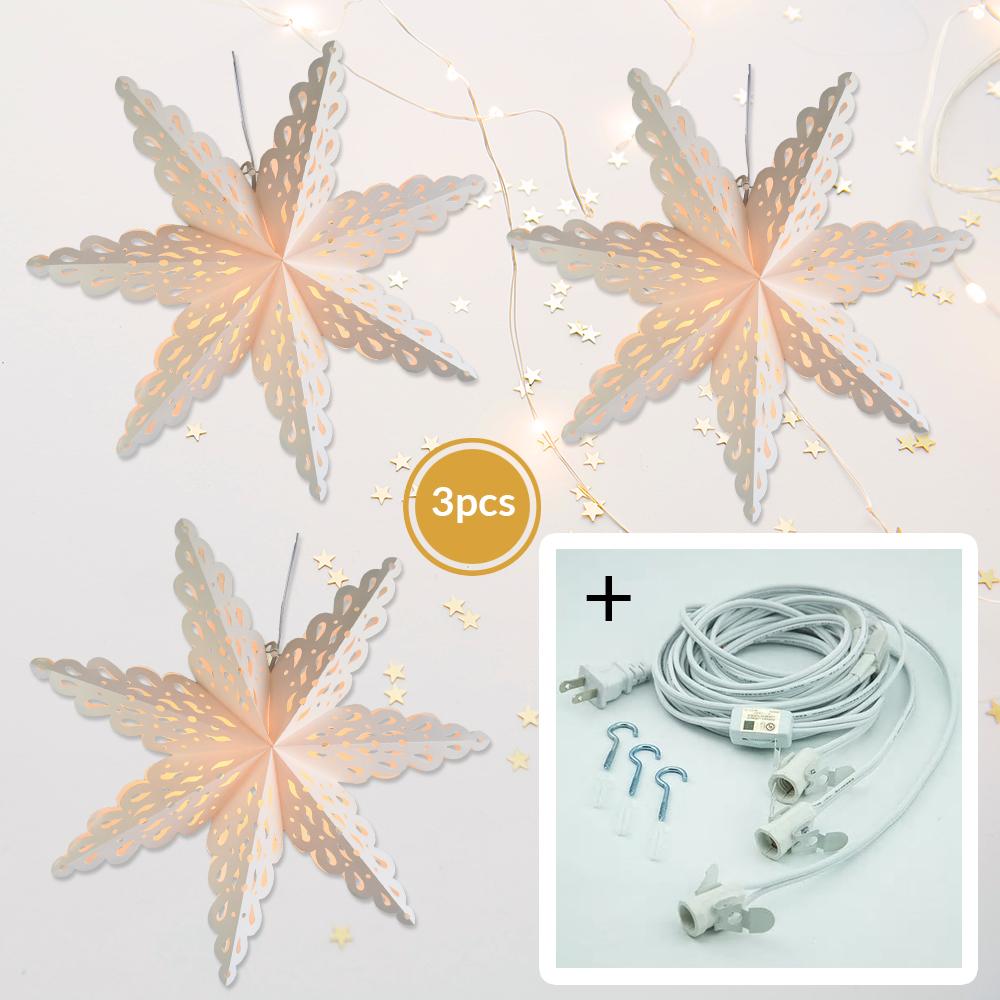 3-PACK + Cord | White Winter Holiday Spirit 32" Pizzelle Designer Illuminated Paper Star Lanterns and Lamp Cord Hanging Decorations - AsianImportStore.com - B2B Wholesale Lighting and Decor