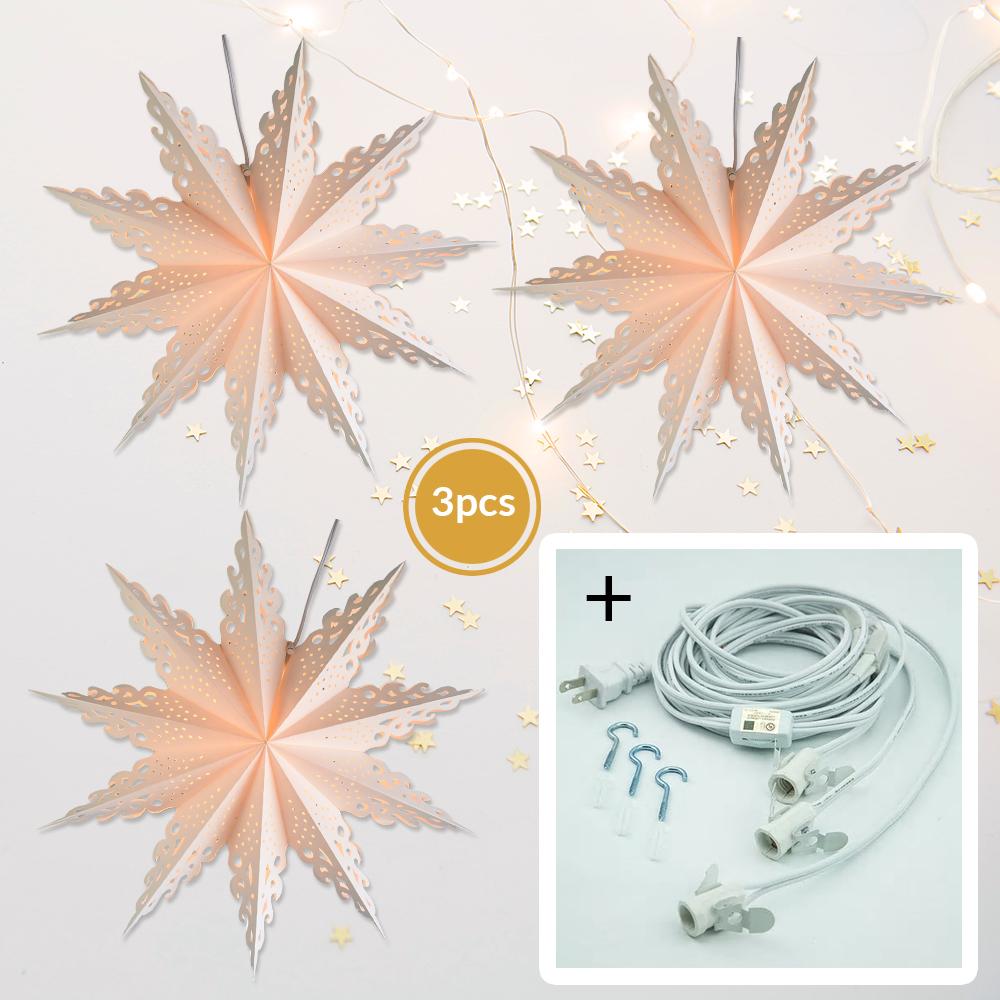 3-PACK + Cord | White Winter Ice Crystal 32" Pizzelle Designer Illuminated Paper Star Lanterns and Lamp Cord Hanging Decorations - AsianImportStore.com - B2B Wholesale Lighting and Decor