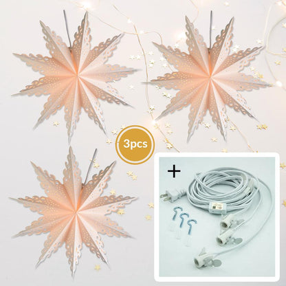 3-PACK + Cord | White Winter Ice Crystal 32" Pizzelle Designer Illuminated Paper Star Lanterns and Lamp Cord Hanging Decorations - AsianImportStore.com - B2B Wholesale Lighting and Decor
