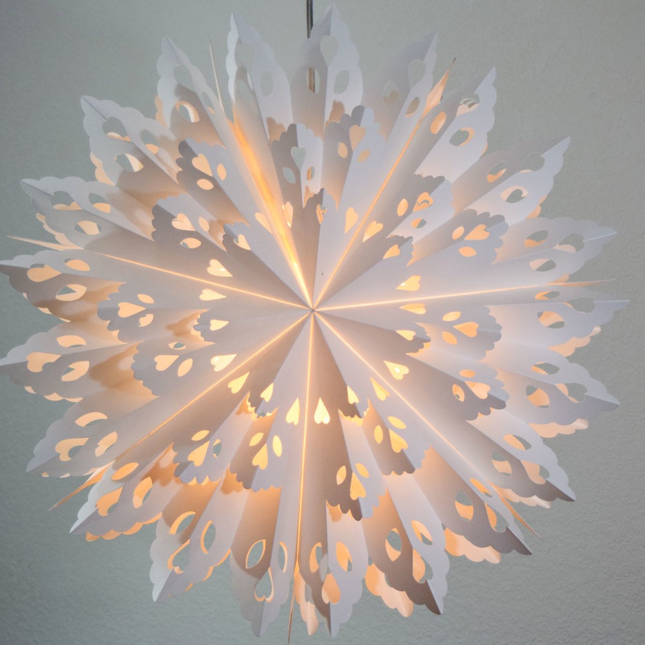 3-PACK + Cord | White Winter Wreath 32" Pizzelle Designer Illuminated Paper Star Lanterns and Lamp Cord Hanging Decorations - AsianImportStore.com - B2B Wholesale Lighting and Decor