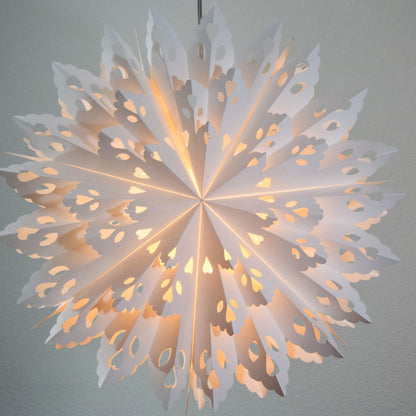 3-PACK + Cord | White Winter Wreath 32" Pizzelle Designer Illuminated Paper Star Lanterns and Lamp Cord Hanging Decorations - AsianImportStore.com - B2B Wholesale Lighting and Decor
