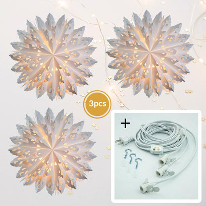 3-PACK + Cord | White Winter Wreath 32" Pizzelle Designer Illuminated Paper Star Lanterns and Lamp Cord Hanging Decorations - AsianImportStore.com - B2B Wholesale Lighting and Decor