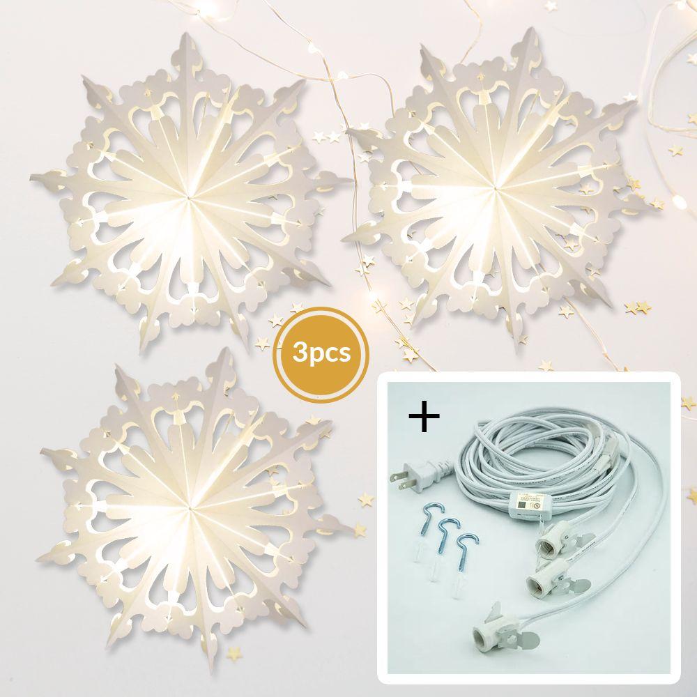 3-PACK + Cord | White Semplice 24" Pizzelle Designer Illuminated Paper Star Lanterns and Lamp Cord Hanging Decorations - AsianImportStore.com - B2B Wholesale Lighting and Decor