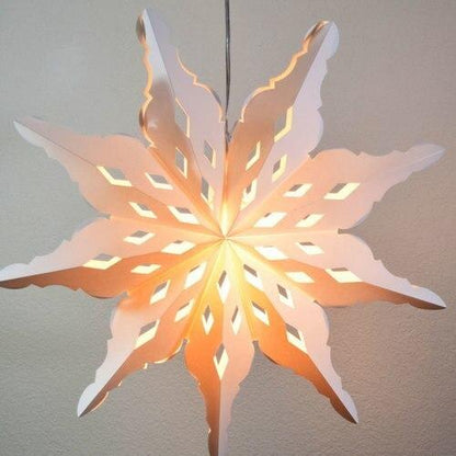 3-PACK + Cord | White Winter Diamond 27" Pizzelle Designer Illuminated Paper Star Lanterns and Lamp Cord Hanging Decorations - AsianImportStore.com - B2B Wholesale Lighting and Decor